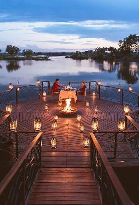 Romantic Dinner Tables, Romantic Dinner Setting, Popular Honeymoon Destinations, Zambezi River, Romantic Dinner For Two, Holiday Travel Destinations, Best Honeymoon Destinations, Honeymoon Spots, River Lodge