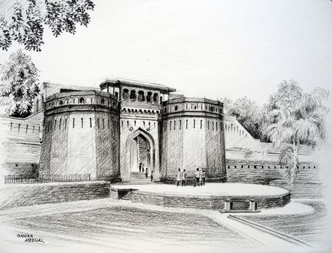 Shaniwar Wada Sketch, Ahmedabad Illustration, Monuments Sketches, Pencil Sketches Creative, Pencil Sketches Creative Inspiration, Fort Drawing, Pencil Sketches For Beginners, Portrait Drawing For Beginners, Shaniwar Wada