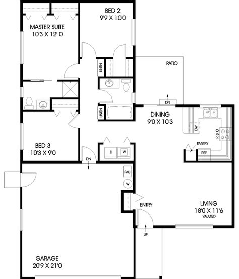 Traditional House Plan - 3 Bedrooms, 2 Bath, 1070 Sq Ft Plan 33-409 House Plans 3 Bedroom, Monster House Plans, Ranch Style House Plans, Traditional House Plan, Traditional House Plans, Ranch Style Homes, Country House Plans, Roof Plan, Best House Plans