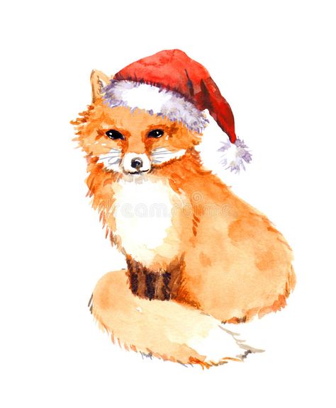 Christmas Fox Drawing, Dog Watercolor Painting, Red Santa Hat, Fox Christmas, Fox Drawing, Fox Painting, Fox Illustration, Pet Fox, Watercolor Christmas Cards