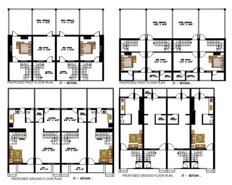 1 BHK Row House Plan With Open Terrace Design AutoCAD File Open Terrace Design, Row House Plan, Small Row House Design, Autocad Design, Site Development Plan, Row House Design, Open Terrace, Home Design Floor Plans, Architecture Model Making