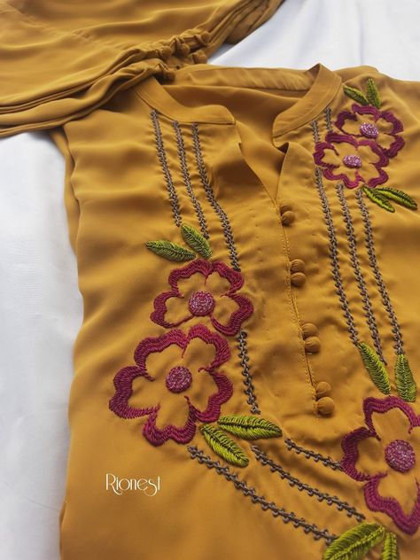 Show your own distinctive flair with our new mastard yellow color unique dress which has hand embroidery work on chest and sleeves with bead work. Yellow Dress Hand Work, Western Frocks, Mustard Shirt, Yellow Kurti, Hand Embroidery Work, Hand Work Design, Hand Embroidery Dress, Hand Embroidery Tutorial, Embroidery Tutorial