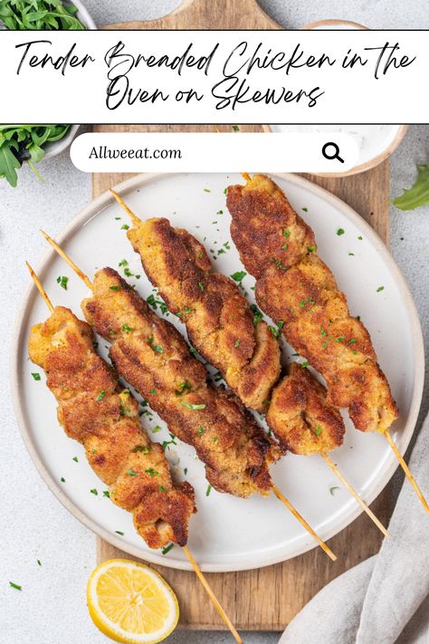 🍗✨ Enjoy Tender Breaded Chicken on Skewers, baked to perfection in the oven! This easy and delicious recipe features juicy chicken pieces coated in crispy breadcrumbs, making it a perfect option for family dinners or gatherings. Quick to prepare and loaded with flavor, these skewers are great served with your favorite dipping sauce or alongside a fresh salad. Perfect for meal prep or a fun dinner night! 🌟 #BakedChickenSkewers #EasyRecipes #FamilyDinner #QuickMeals #ChickenRecipes #OvenBaked Oven Breaded Chicken, Chicken On Skewers, Chicken Thigh Seasoning, Chicken In The Oven, Chicken Skewer Recipe, Fun Dinner, Chicken Pieces, Dinner Night, Fresh Salad