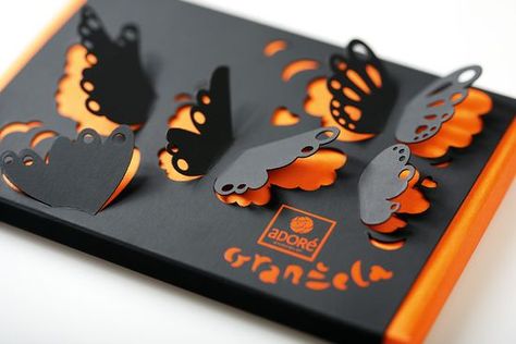 Butterfly packaging for Adoré Fine Chocolat designed by Serbia based Coba http://www.cobaassociates.com/ Paper Cut Outs, Chocolate Packaging Design, Cool Packaging, Chocolate Design, Fine Chocolate, Chocolate Packaging, Packing Design, Pretty Packaging, Paper Packaging