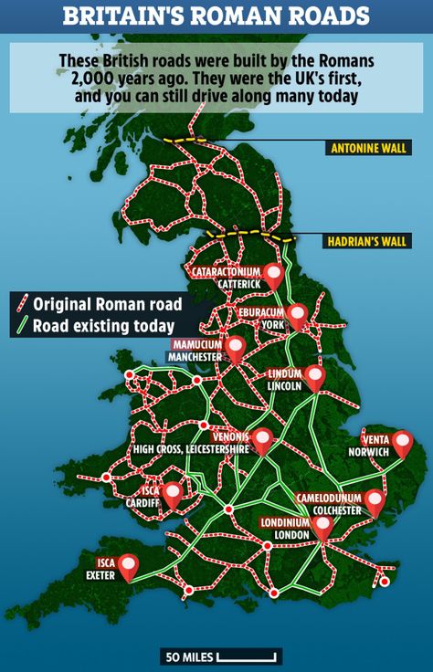 Roman Britain map reveals the ancient roads built 2,000 years ago that you still drive on today Britain Map, Ancient Britain, Roman Culture, Map Of Britain, St Cuthbert, Roman Britain, Roman Roads, History Of England, Hadrians Wall