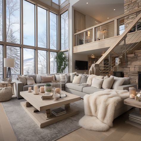 House Interior Cozy Living Rooms, Country Modern House Interiors, Modern Winter House Exterior, Cozy House Exterior Modern, Huge Living Room Designs, Massive Living Room Ideas, White House In The Mountains, Modern Cozy Home Interior Design, Colorado House Aesthetic Interior