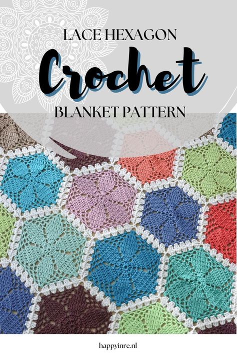 Crochet lace hexagon blanket: crochet pattern. Make the most amazing crochet blanket with the ultimate vintage look and feel. This crochet pattern for a crochet lace hexagon blanket will help you! Crochet pattern by Happy in Red. Crochet Lace Hexagon, Hexagon Blanket Crochet, Crochet Hexagon Pattern, Hexagon Crochet Blanket, Crochet Hexagons, Crochet Hexagon Blanket, Hexagon Blanket, Hexagon Crochet Pattern, Crochet Tablecloth Pattern