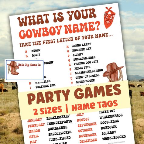 Night Games For Teens, Family Game Night Games, Frontier Fashion, Game Night Games, Ranch Party, Cowboy Names, Adult Birthday Party Games, Riddle Games, Date Night Games