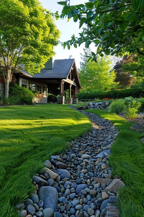 Creative Drainage Ditch Ideas for Your Yard Drainage Ditch Landscaping Ideas, Natural Drainage Landscaping, Stone Drainage Ideas, Landscape Ideas For Water Drainage, Flood Landscape, Driveway Drainage, Swale Drainage, Backyard Drainage Ideas, Ditch Landscaping