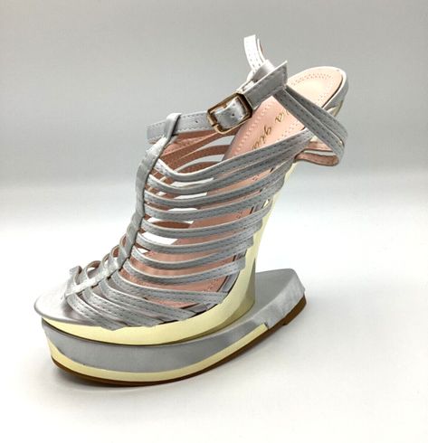 Womens Silver Satin Curved Wedge Heel Party Strappy Shoes Sandals Size UK 4 New Strappy Shoes, Shoes And Boots, Wedge Heels, Women's Shoes Sandals, 6 Inches, Shoes Sandals, Glue, Heel Height, Shoe Accessories