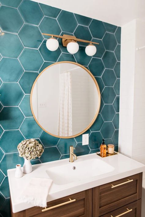 Hexagon Bathroom Mirror, Green Hexagon Tile Bathroom, Hexagonal Tiles Bathroom, Hex Tiles Bathroom, Chrome Shower Fixtures, Hexagon Tile Bathroom, Tile Hexagon, Organic Modern Bathroom, Backsplash For Kitchen