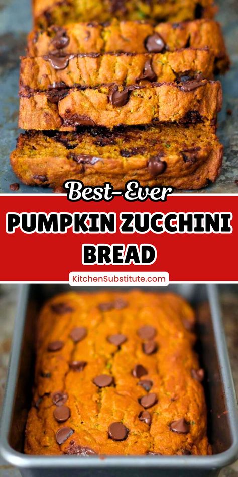 The image shows a loaf of pumpkin zucchini bread with chocolate chips, sliced to reveal its moist and rich texture, with a warm, golden-brown crust. Ww Zucchini Bread With Points, Chocolate Pumpkin Zucchini Muffins, How To Prepare Zucchini For Bread, Zucchini Fall Recipes, Zucchini And Pumpkin Recipes, Pumpkin Zucchini Bread Healthy, Zucchini Pumpkin Recipes, Pumpkin Zucchini Bread Recipes, Zucchini Desserts Recipes