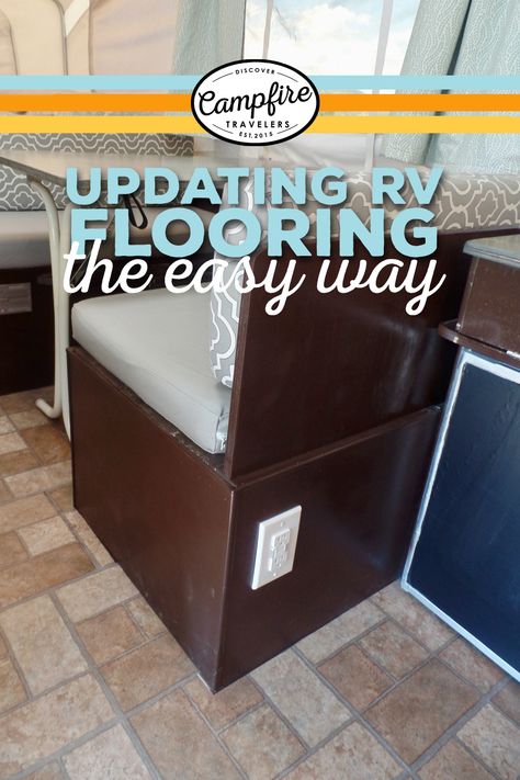 How to update camper floors on a budget Rv Flooring, Camper Flooring, Popup Camper Remodel, Wood Plank Tile, Dark Brown Cabinets, Floor Makeover, Plank Tiles, Rv Renovation, Peel And Stick Floor