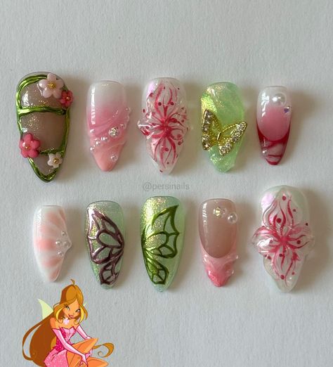 Poison Ivy Nails, Ivy Nails, Winx Flora, Green Wings, Im So Happy, Inspired Nails, Pink Nail Art, Pretty Gel Nails, Pink Acrylic Nails