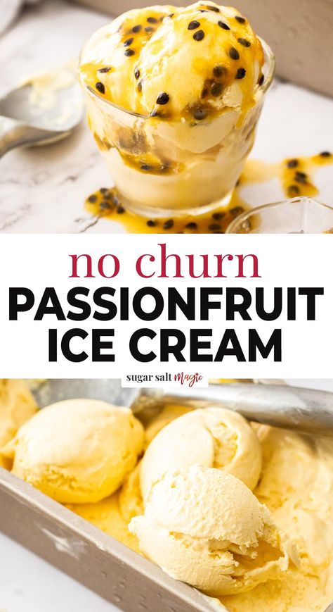 This no churn passion fruit ice cream is tangy, creamy and rich and, with just 5 ingredients it’s so easy to make. Sharp, fruity, creamy and sweet, it’s the perfect tropical treat. Combining tangy passion fruit with cream and sugar means you end up with an indulgent dessert that is all at once fresh and sharp whilst also being creamy and rich. Serve it on it’s own or in waffle cones or between cookies as an ice cream sandwich. Just 5 ingredients. 15 minutes effort. No special equipment. Fruit With Cream, Coconut Sweetened Condensed Milk, Passion Fruit Ice Cream, Passionfruit Recipes, Cream Roll, Ice Cream Tubs, Fruit Ice Cream, Sweet Treats Desserts, No Churn Ice Cream