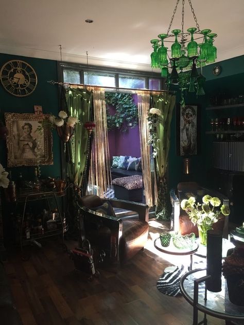 Colorful Gothic Interior Design, Maximalist Decor Witchy, Dark Room Esthetics, Goth Green Room, Dark Whimsigoth Bedroom, Whimsigothic Interior Design, Vampy Home Decor, Witchy Salon Aesthetic, Gothic Forest Bedroom