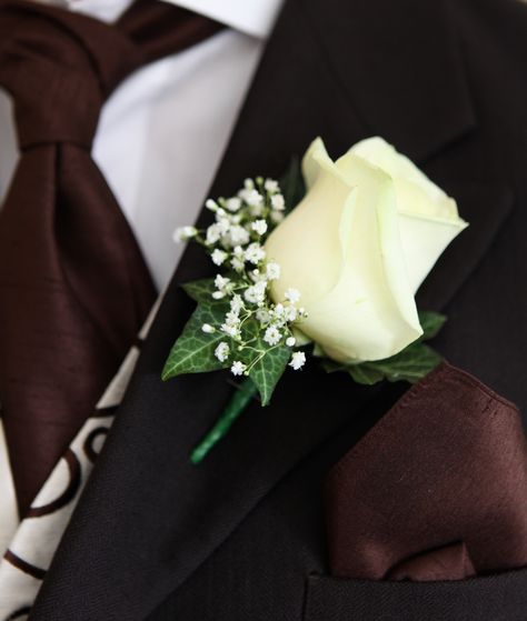 Rose Buttonhole for the ushers, with ivy but not the gypsophila. Boutiniere Ideas Grooms, Rose Button Holes Wedding, Groom Buttonhole White, Rose Buttonhole, White And Green Buttonholes, White Rose And Gypsophila Buttonhole, White Rose And Baby’s Breath Boutonniere, White Flower Boutonniere, Boutonnieres Prom