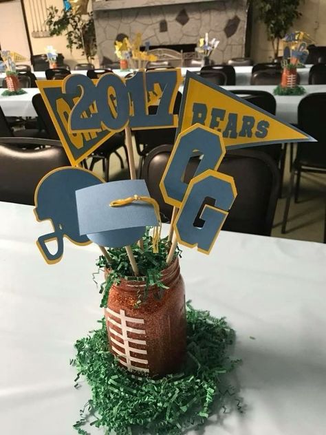 Football Mason Jars Centerpieces, Varsity Football Banquet, Graduation Football Centerpieces, High School Sports Banquet Centerpieces, Football Graduation Centerpiece Ideas, Football Banquet Centerpieces Diy, High School Football Banquet, Football Graduation Party Ideas, Football Centerpiece Ideas