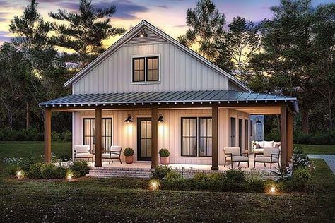 Farmhouse Style House Plans & Floor Plans 2 Bedroom Wrap Around Porch, Small Barndominium Ideas With Garage, Small House With Wrap Around Porch, 2 Bedroom 2 Bath Barndominium, Barndominium Front Porch, 2 Bed 2 Bath Barndominium, Barndominium Floor Plans 2 Bedroom, Rap Around Porch, Cottage Small House