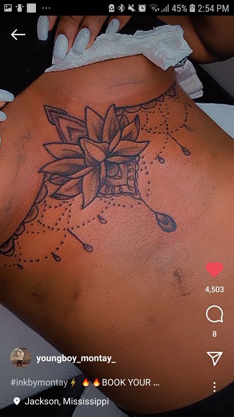 Lower Leg Tattoos Black Women, Lower Stomach Tattoos For Women Tummy Tucks, Under Breast Tattoo Black Women, Chest Tattoo Black Women, Underbreast Tattoo Black Women, Tattoo Ideas Between Breast, Thigh Tattoos Women Black Woman, In Between Chest Tattoo For Women, Underboob Tattoos For Women