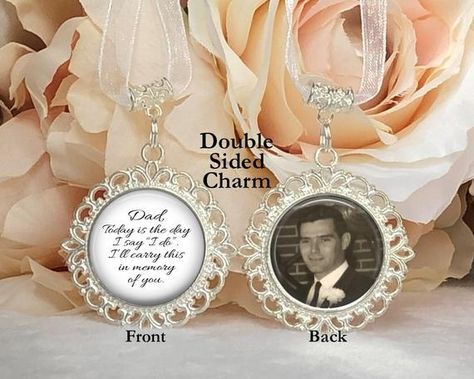 Our gorgeous double sided charm is a thoughtful way to carry the memory of your loved ones with you down the aisle on your special day. It is designed to be attached to a bridal bouquet. The two sided pendant has a gorgeous silver finish and comes personalized with a photo of your loved one and Photo Bouquet, Wedding Charm, Bouquet Charms, Something Blue Wedding, In Memory Of Dad, Photo Charms, Custom Pendants, Diy Bouquet, Wedding Memorial