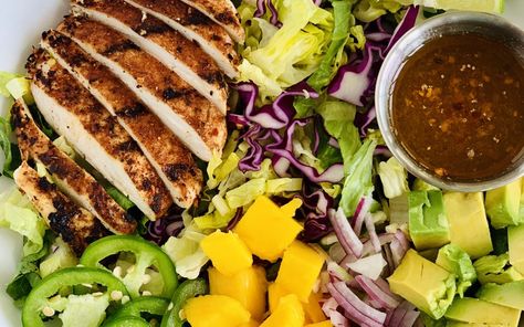 Jerk Chicken Salad | Recipe |DJ Blatner Jerk Chicken Salad Recipe, Jerk Chicken Salad, Jerk Chicken Recipe, Yummy Bites, Super Salads, Resep Salad, Jerk Seasoning, Chicken Salad Recipe, Dressing Recipes