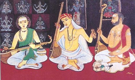 The trinity of Carnatic Music: Muthuswami Dikshitar,Thyagaraja and Shyama Sastri. Carnatic Music Instruments, Carnatic Music, India Painting, Cake Kids, Indian Classical Music, Western Music, Indian Music, Music Painting, Great King