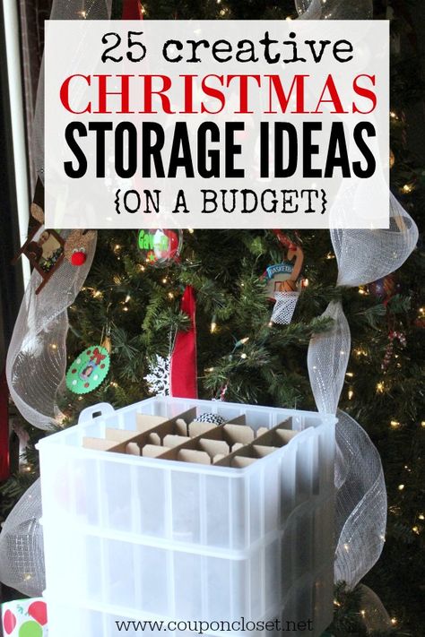 Easy Christmas storage ideas on a budget. Organizing Christmas Decorations doesn't have to cost your a fortune with these easy storage bins on sale. Diy Christmas Storage, Christmas Decoration Storage Ideas, Organizing Christmas Decorations, Christmas Storage Ideas, Decoration Storage Ideas, Costume Organization, Storage Ideas On A Budget, Organized Christmas Decorations, Christmas Closet