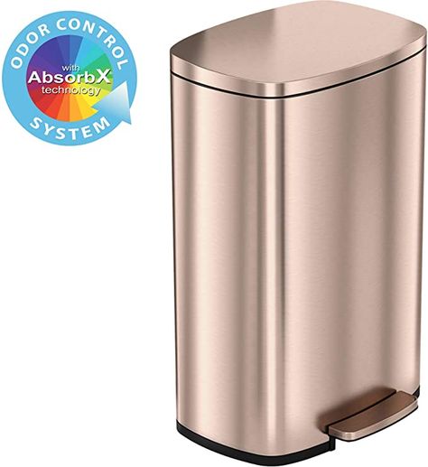 GENTLE & SILENT LID CLOSE – Durable, ergonomic pedal requires minimal force to open; easy to replace air damper for years of like-new performance BEAUTIFUL ROSE GOLD STAINLESS STEEL – Elegant, fingerprint-proof, smudge-resistant Rose Gold Stainless Steel is easy to clean. Complements any kitchen or office décor ODOR CONTROL SYSTEM – 1 Odor Filter is included. Absorb filter absorbs & neutralizes odors the natural way for up to 3 months. For a fresh & clean smelling home Kitchen Smells, Kitchen Trash Cans, Garbage Bin, Trash Bag, Recycle Trash, Trash Bins, Garbage Can, Recycling Bins, Kitchen Office