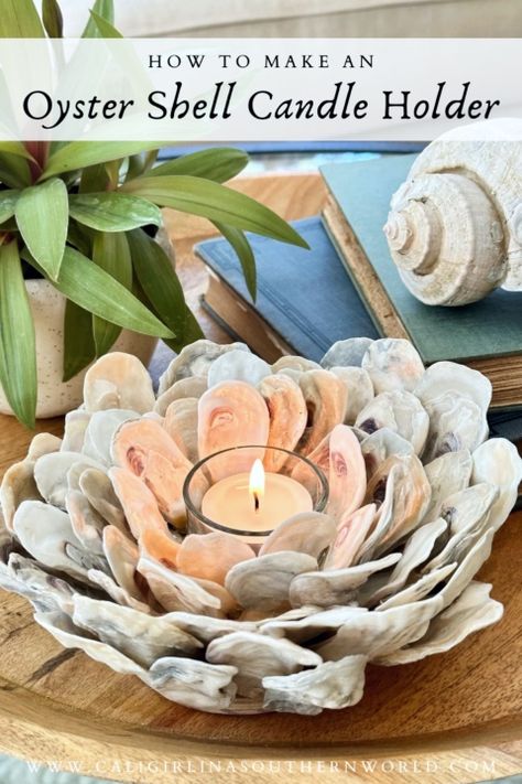 Oyster Shell Votive Tealight Candle Holders | DIY & Shop Oyster Diy Projects, Tealight Candle Holders Diy, Votive Holders Diy, Diy Oyster Shell Crafts, Seashell Candle Holder Diy, Oyster Diy, Diy Oyster Shell, Oyster Shell Candle, Oyster Shell Candle Holder