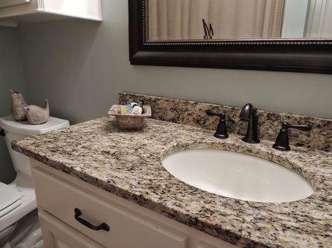 Bathroom Countertop Ideas, Santa Cecilia Granite, Brown Granite Countertops, Granite Bathroom Countertops, Guest Bathroom Renovation, Granite Bathroom, Space Bathroom, Bathroom Makeovers, Countertop Ideas