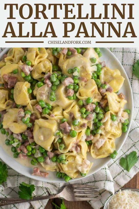 This tortellini alla panna or "tortellini with cream" is a rich and comforting pasta dish made with prosciutto and peas. #torretlliniallapanna #tortellini #pasta | chiselandfork.com Ham And Peas Tortellini, Tortellini With Peas And Prosciutto, Ham And Pea Tortellini, Tortellini And Peas, Tortellini Recipes With Peas, Tortellini And Peas Recipe, Tortellini Ham And Peas, Tortellini With Ham And Peas, Tortellini Peas