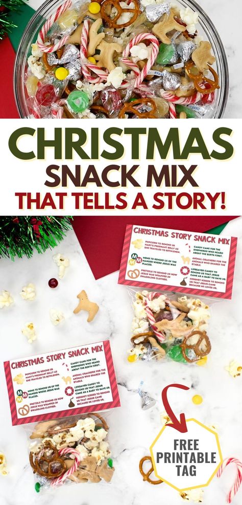 This Christmas Snack Mix is not only delicious and easy, but it tells a story! It's such a fun way to go over the birth of Jesus with kids! The free printable toppers bring it all together! Christmas Party Snack Ideas For School, Easy Christmas Party Snacks For Kids, Nativity Food Ideas, Christmas Snacks For Classroom, Christmas Snack Mixes For Gifts, Nativity Snack Mix For Kids, Christmas Trail Mix Bar, Christmas Party Snacks For School, Christmas Snack Mix Recipes Gift Ideas