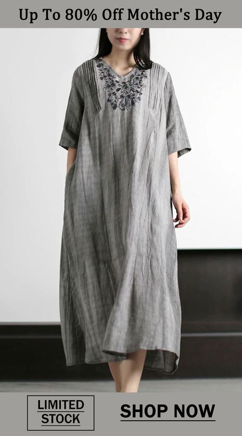 Italian Grey V Neck Embroideried Wrinkled Linen Long Dresses Half Sleeve Oversized Bohemian Long Linen Dress, Bohemian V-neck Linen Dress For Daywear, Oversized Linen V-neck Maxi Dress, Summer V-neck Lagenlook Dresses, Cotton Lagenlook V-neck Dress, Long Linen Dress, Cotton Linen Dresses, New Chic, Half Sleeve Dresses