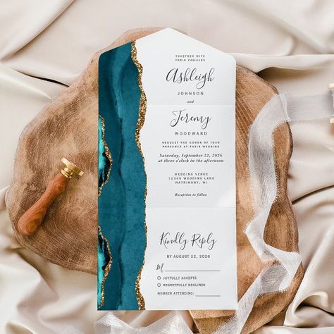 Teal Agate Gold Glitter Wedding All In One Invitation Navy Blue Wedding Theme, Gold Glitter Wedding, Handwriting Script, Agate Wedding, Elegant Modern Wedding, Afternoon Wedding, Rsvp Postcard, Navy Blue Wedding, Wedding Reception Venues