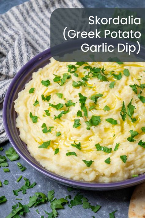 Add a touch of Greek flavor to your next meal with this vegan Skordalia dip! With its creamy texture and zesty garlic taste, it's a crowd-pleaser for any gathering. Healthy Garlic Dip, Greek Recipes For A Crowd, Greek Dips, Skordalia Recipe, Whipped Cheese, Greek Dip Recipes, Greek Side Dishes, Traditional Greek Food, Greek Dip