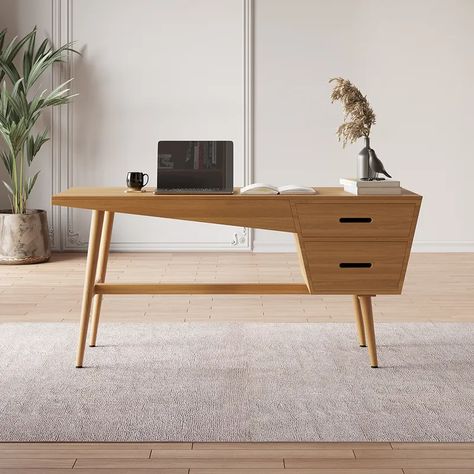 59.1" Mid Century Modern Natural Writing Desk Wooden Computer Desk with 2 Drawers 4 Legs White Floating Desk, Walnut Desk Office, Wooden Computer Desk, Solid Wood Office Desk, Walnut Writing Desk, Wooden Writing Desk, Modern Home Office Desk, Salon Suites Decor, Writing Desk Modern