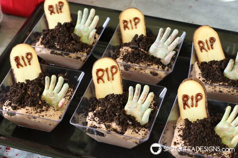 Zombie Dirt Cups, Zombie Appetizers, Zombie Desserts, Dirt Graveyard Dessert, Zombie Finger Cookies, Zombie Party Food, Halloween Pudding Graveyard Cups, Zombie Birthday Party Decorations, Zombie Halloween Party