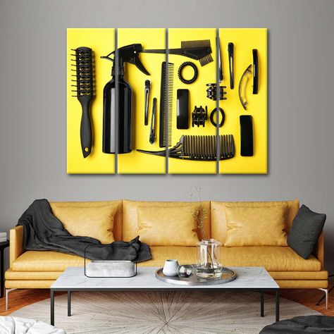 Modern Barber Shop, Saloon Decor, Hair Canvas, Yellow Artwork, Barbershop Design, Barber Shop Decor, Hair Care Tools, Art Hair, Beauty Room Decor