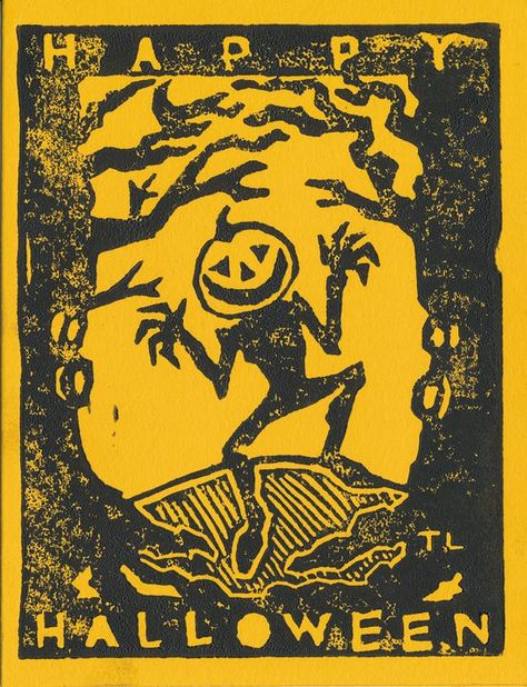 Halloween Vintage Illustration, Linoleum Carving Ideas Block Prints, Wood Cut Printmaking, Halloween Lino Print, Halloween Printmaking, Halloween Linocut, Linoleum Print Ideas, Screen Printing Ideas, Vintage Halloween Art