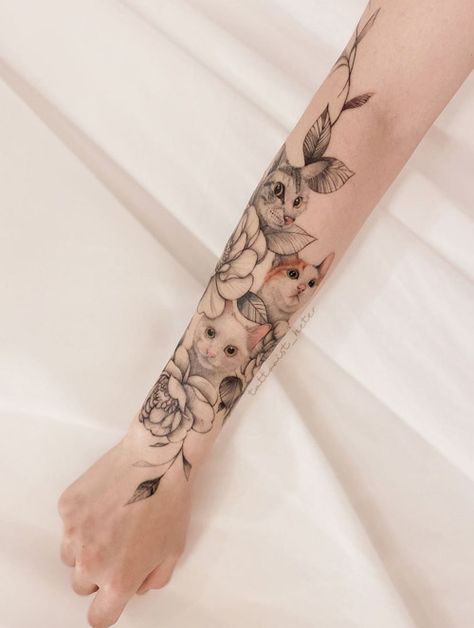 Cats Flowers Tattoo, Cat Sleeve Tattoos For Women, Cat And Flower Tattoo Sleeve, Cat Tattoo Sleeve Women, Cat In Flowers Tattoo, Cats And Flowers Tattoo, Cat Tattoo Realistic, Cat Arm Tattoo, Cat Tattoos Memorial