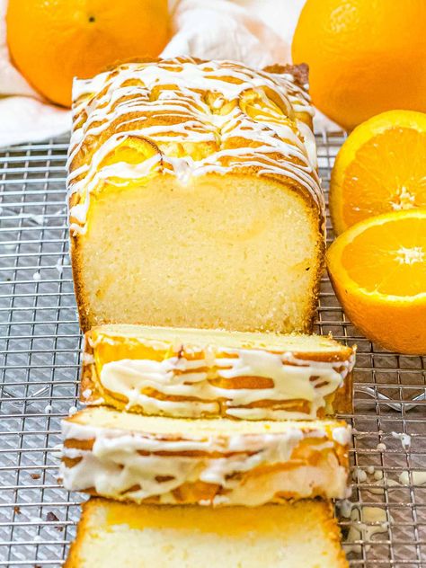 This orange pound cake is rich, buttery, and moist! It's full of orange flavor from orange zest & juice and it's covered in an citrusy orange glaze!#orangecake #poundcake #orangepoundcake #cake #baking #drivemehungry | drivemehungry.com Olive Oil Pound Cake, Orange Pound Cake Recipe, Orange Cake Easy, Cake Recipe From Scratch, Lemon Loaf Recipe, Starbucks Lemon Loaf, Orange Pound Cake, Starbucks Lemon, Pain Sans Gluten