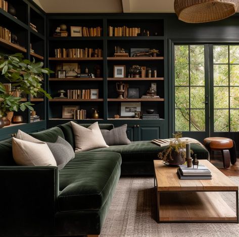 Dark Green Open Plan Kitchen Living Room, Dark Green Velvet Chair, Dark Teal Library, Brown Black And Green Living Room, Forest Green Library Room, Dark Green Home Library, Dark Green Reading Room, Bottle Green Living Room, Front Room Library