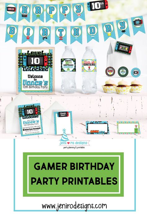 Gamer Free Printable, Gamer Party Printables Free, Level 10 Birthday Party, Gaming Birthday Party Ideas Boys, Gamer Birthday Party Ideas, Gamers Party Ideas, Video Game Birthday Party Decorations, Video Game Party Decorations, Indoor Birthday Parties