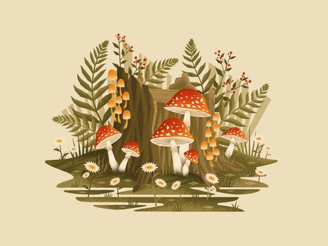 Mushroom Cottagecore Art, Cottagecore Ipad Wallpaper, Mushroom Procreate, Illustrated Animation, Mushroom Landscape, Cottagecore Things, Ios Setup, Mushroom Background, Fungi Illustration