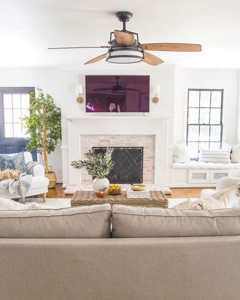 Rustic modern ceiling fan in a neutral living room House Anniversary, Living Room Fans, Anniversary Video, Living Room Ceiling Fan, Winter Living Room, Guest Bedroom Makeover, Living Room Ceiling, Neutral Living Room, Style Deco