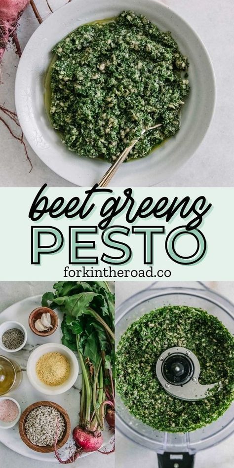 Beet Greens Pesto, a simple no-waste pesto sauce recipe with beet leaves instead of basil. This simple 6-ingredient recipe is ready in only 10 minutes and is a great way to reduce food waste by using beet leaves that would otherwise be thrown away. This recipe is gluten-free and has vegan and nut-free options. Use this pesto on pasta, pizzas, and over roasted vegetables -- the pesto possibilities are endless! Beet Leaf Recipes, Scrap Recipes, Beet Leaves, Beet Pesto, Easy Pesto Pasta, Pesto Sauce Recipe, Cheese Alternatives, Recovery Food, Green Pesto