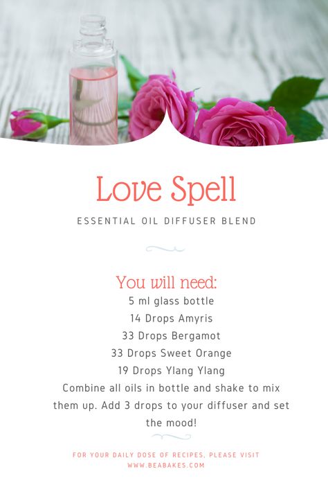 Love Spell Essential Oil Diffuser Recipe Love Spell Scent Essential Oils, Love Spell Diffuser Blend, Love Spell Essential Oil Blend, Love Spell Essential Oil Recipe, Love Perfume Witchcraft, Love Oil Witchcraft, Love Spell Oil Recipe, Love Spell Recipe, Love Oil Recipe Witchcraft