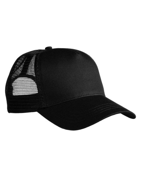 5-Panel Organic/RPET Trucker Cap - BLACK/ BLACK - OS | econscious 5-Panel Organic/RPET Trucker Cap in Black/Black | Polyester Flat Bill Hats, Mesh Hat, Hats Snapback, Brand Colors, Trucker Hats, Snapback Hats, Trucker Cap, Cotton Fiber, Dad Hats