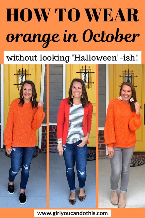 New Blog Post: Three ways to wear orange without looking "Halloween"-ish! 🎃Click to get a closer look, to learn more, and/or to shop any of these outfits! #girlyoucandothis #girlyoucanwearthis #falloutfit #orange #halloween #fallfashion #outfitidea Orange Cardigan Outfit, Orange Sweater Outfit, Orange Shirt Outfit, Cardigan Fall Outfit, Tops Fall Outfits, Sweater Outfits Fall, Orange Cardigan, Orange Pants, Orange Outfit